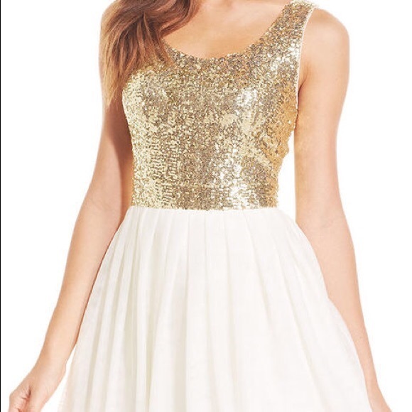 macy's white and gold prom dress